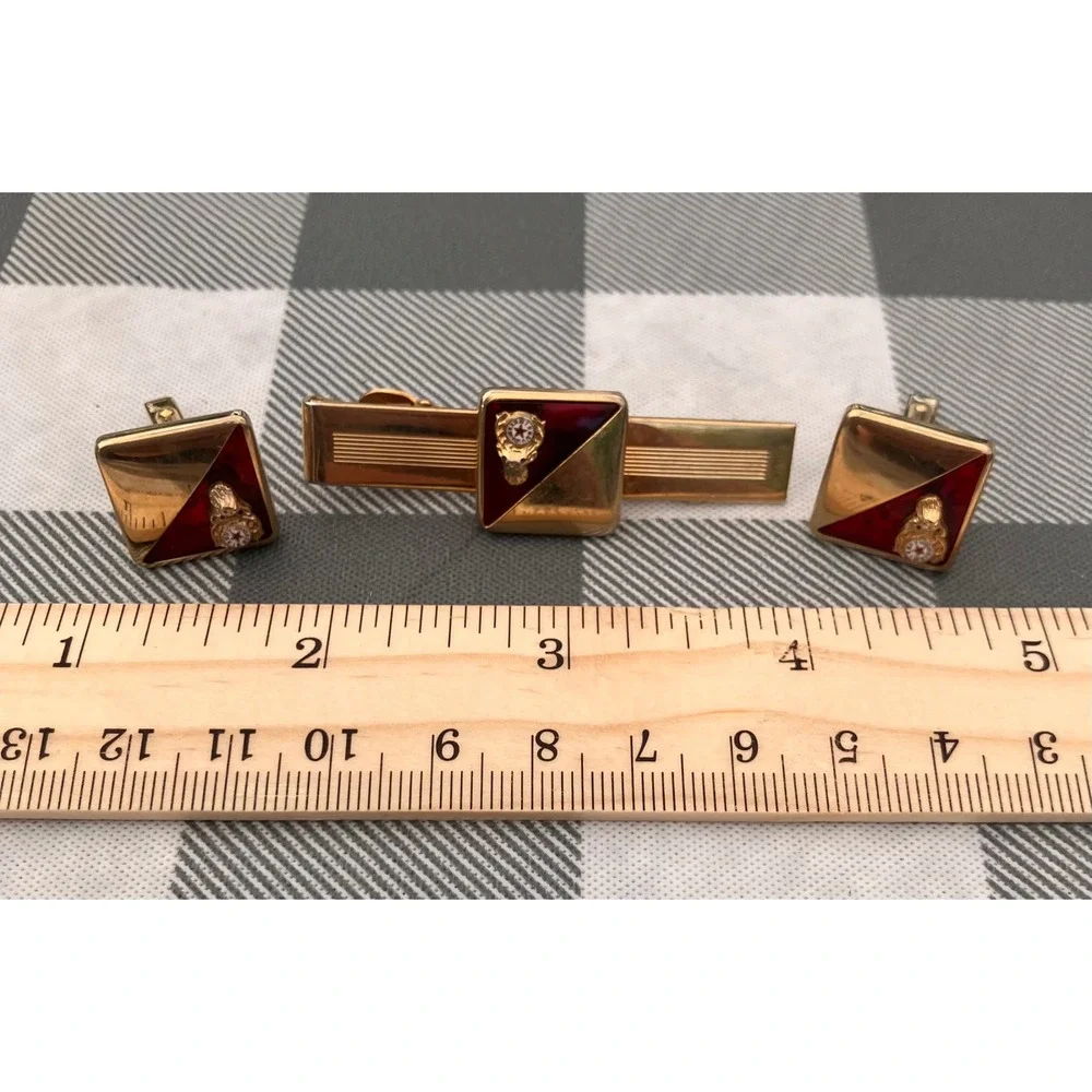 Vintage Anson Cufflinks Tie Bar Set Mens Red Fraternal Order Elks Enamel BPOE